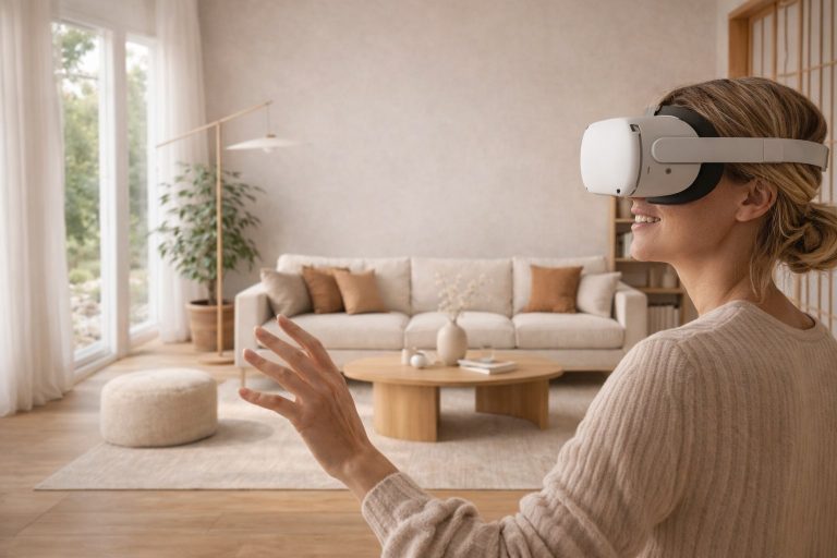 Opdrachtgever bekijkt ontworpen woonkamer in VR.