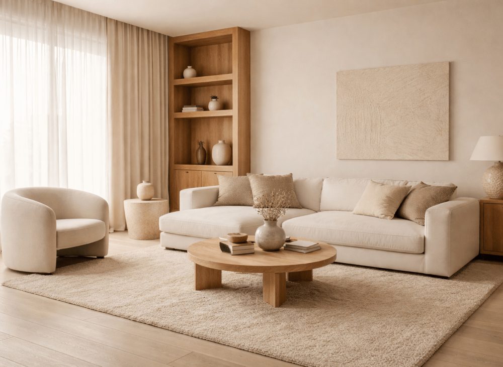 Warm minimalistisch interieur met houten meubels en zachte aardetinten