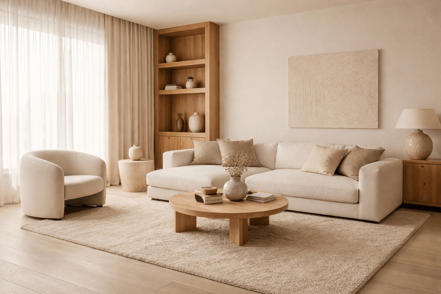 Warm minimalistisch interieur met houten meubels en zachte aardetinten