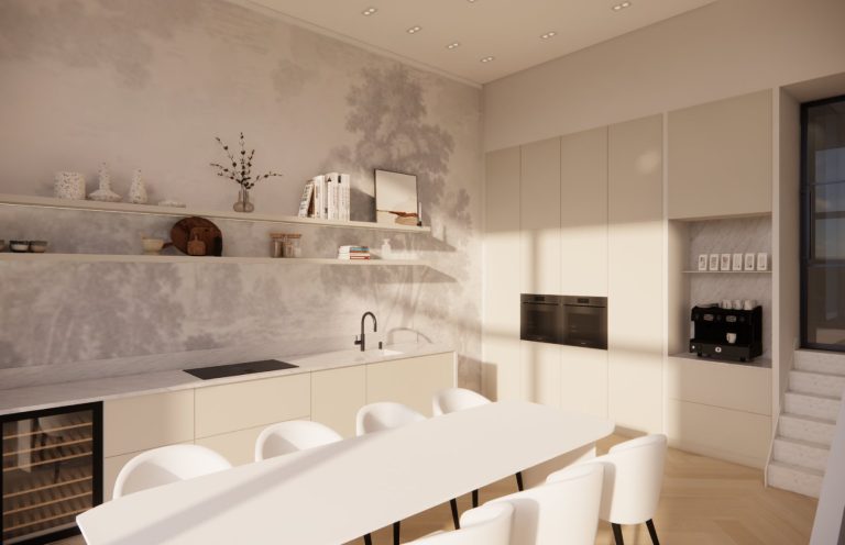Hier is in VR renders een ontwerp van een kadevilla te zien gemaakt door VEER interieur & design