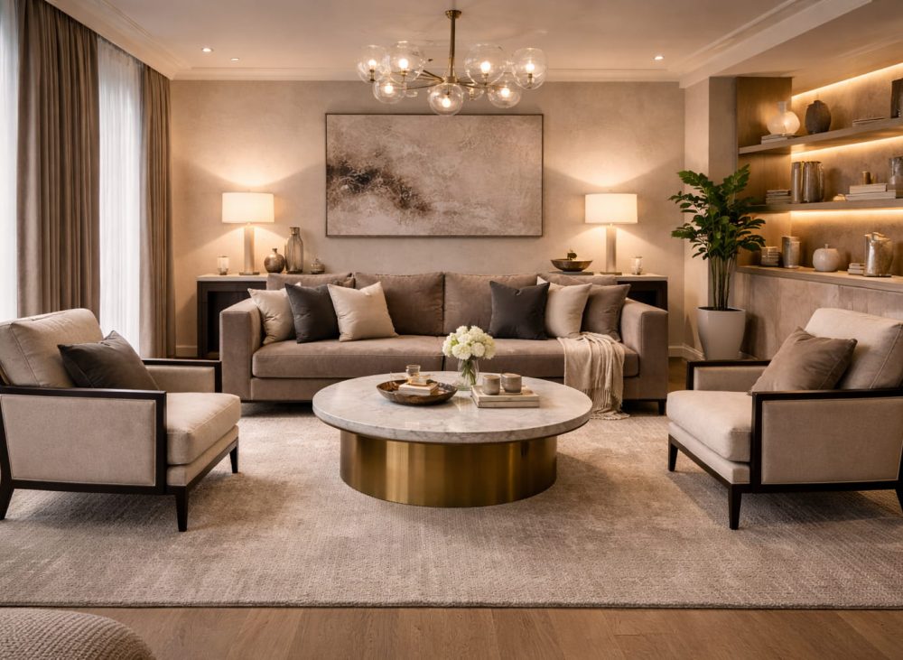 Volledig overzicht van een hotel chique woonkamer met luxe uitstraling