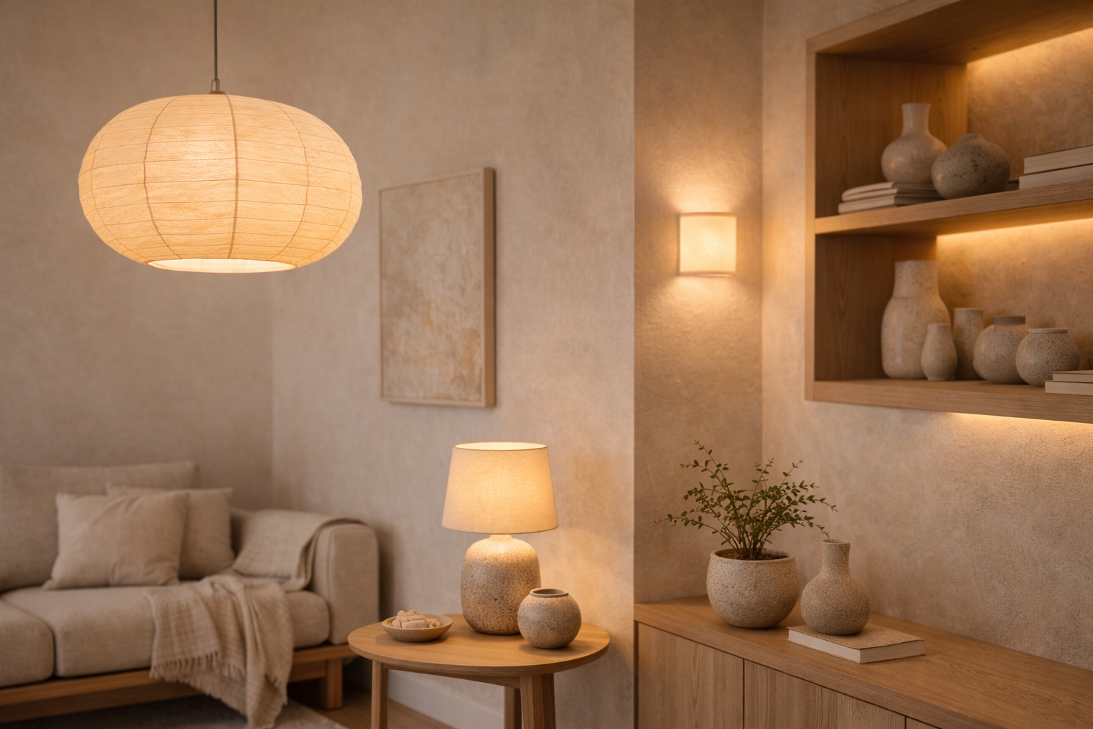 Sfeervolle Japandi verlichting met minimalistische accessoires