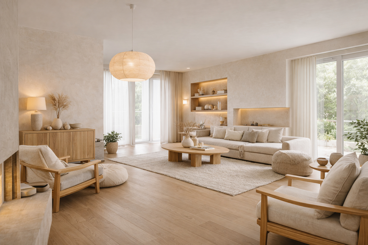 Volledig overzicht van een Japandi woonkamer met minimalistische inrichting