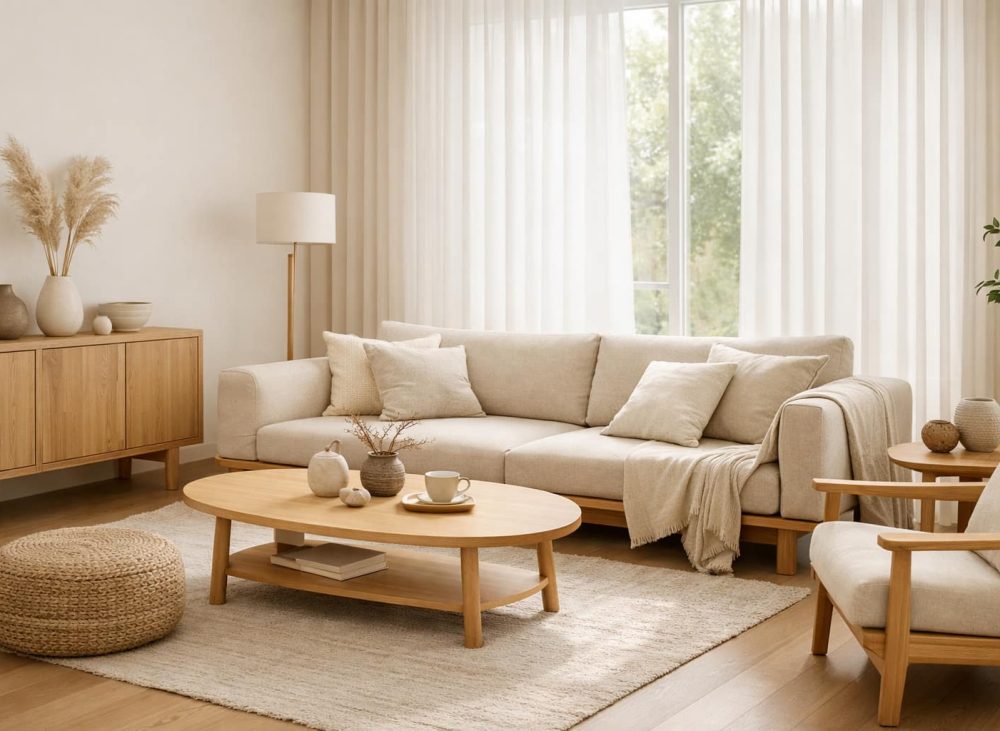 Japandi woonkamer met lichte houttinten, zachte stoffen en rustige uitstraling