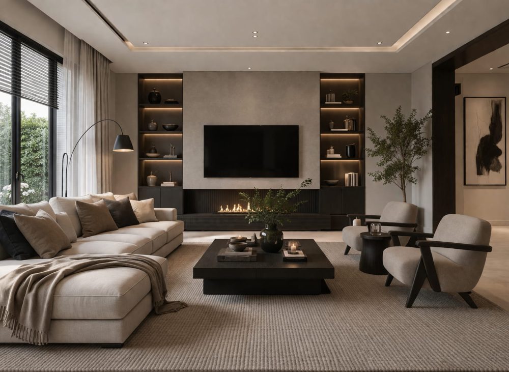 Moderne woonkamer met strakke lijnen en warme materialen